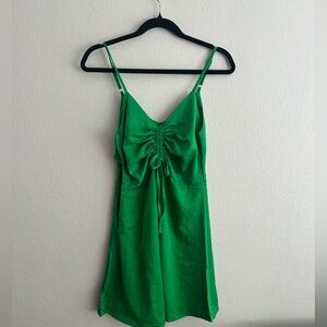 Green Drawstring Ruched Slip Dress